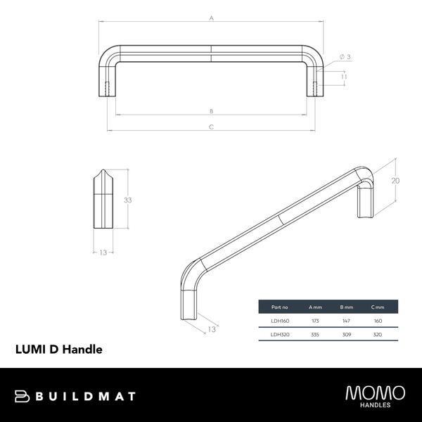 Momo Handles Momo Lumi D Handle 160mm Satin Brass