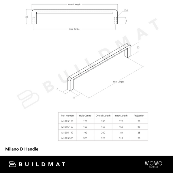 Momo Handles Milano D Handle 192mm Dull Brushed Nickel
