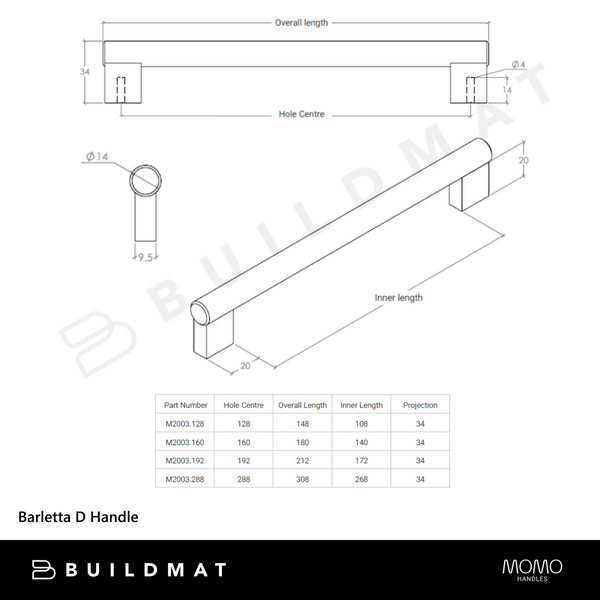 Momo Handles Barletta D Handle 128mm Stainless Steel