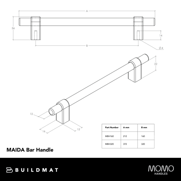 Momo Handles Momo Maida Bar Handle 320mm Brushed Satin Brass