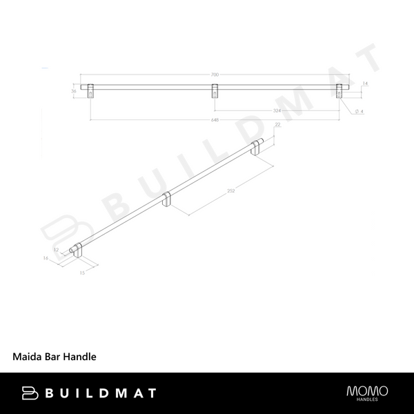 Momo Handles Maida Bar Handle 648mm Brushed Satin Brass