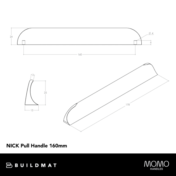 Momo Handles Momo Nick Pull Handle 160mm Brushed Matte Brass