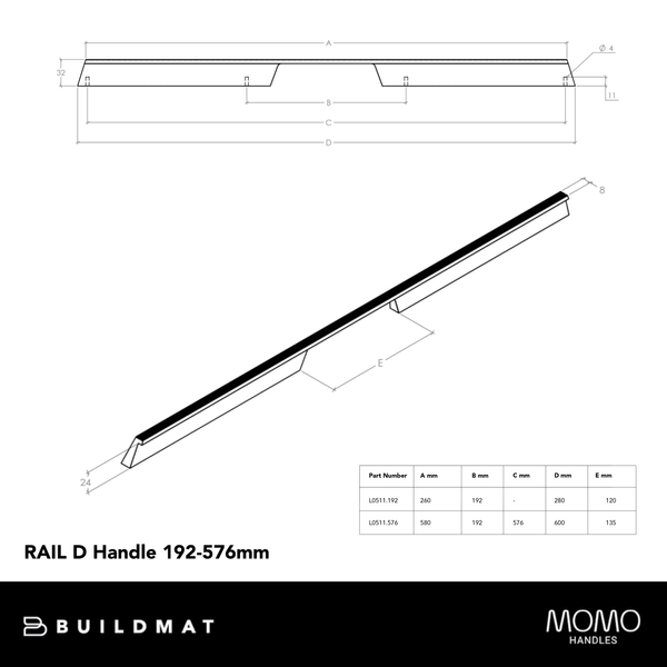 Momo Handles Momo Rail D Handle 576mm Brushed Black