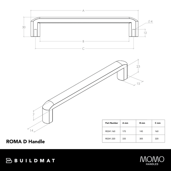 Momo Handles Momo Roma D Handle 160mm Brushed Nickel