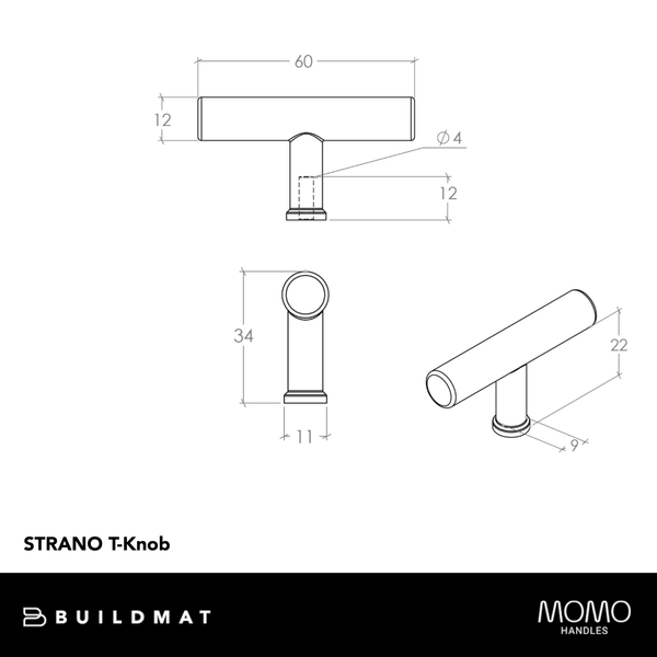 Momo Handles Momo Strano T Knob 60mm Polished Nickel
