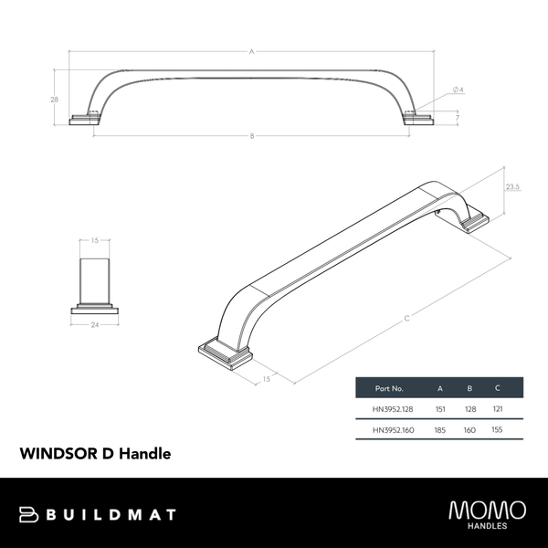 Momo Handles Momo Windsor D Handle 128mm Pewter
