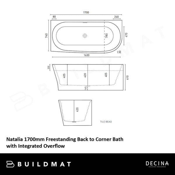 Decina 1700mm Natalia Back to Corner (Right Corner) Freestanding Bath with Overflow Gloss White