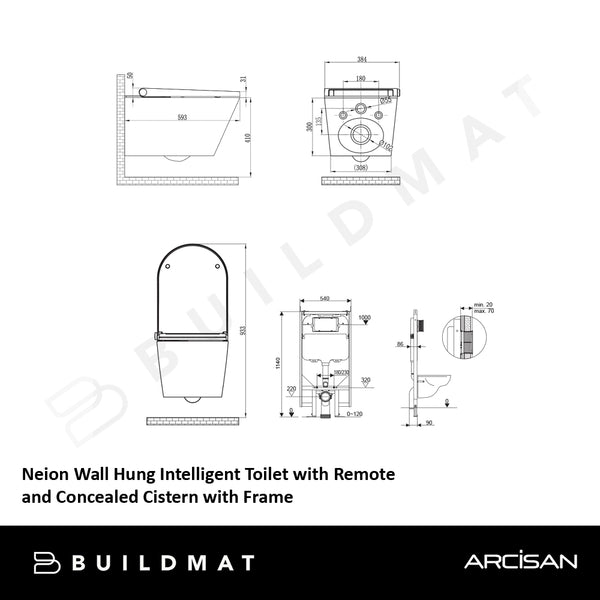 Arcisan Neion Wall Hung Intelligent Toilet with Remote and Concealed Cistern with Frame White