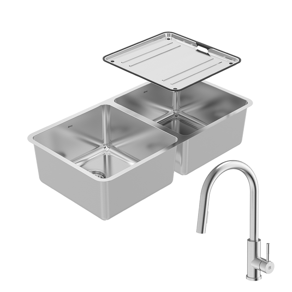 Abey Lago Double Bowl Sink Package With 304 Gooseneck Pull Out Kitchen Mixer Stainless Steel