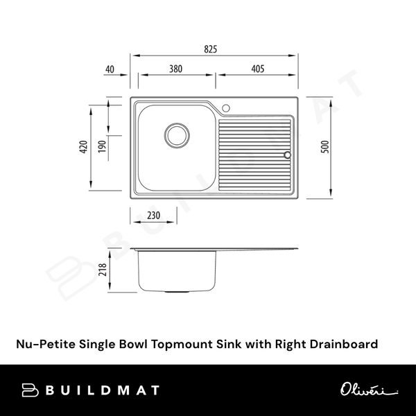 Oliveri Nu-Petite Single Bowl Topmount Sink with Right Drainboard Stainless Steel