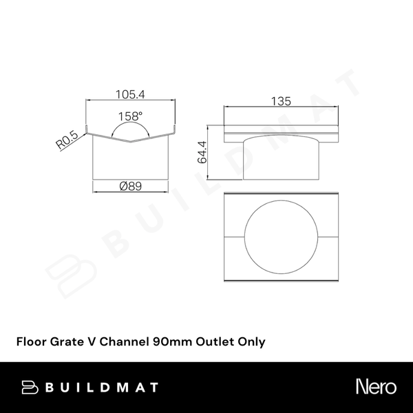 Nero Floor Grate V Channel 90mm Outlet Only Stainless Steel