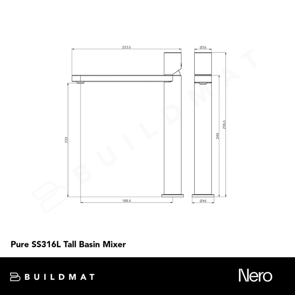 Nero Pure SS316L Tall Basin Mixer Brushed Nickel
