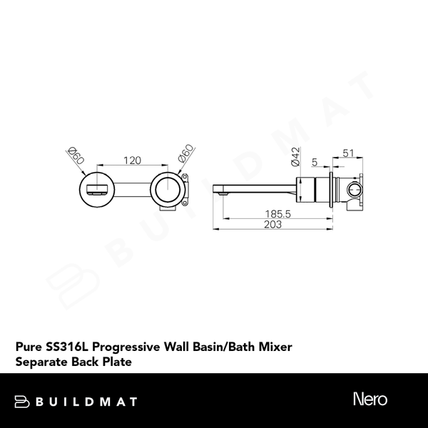 Nero Pure SS316L Progressive Wall Basin/Bath Mixer Separate Back Plate Brushed Bronze