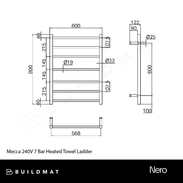 Nero Mecca 240V 7 Bar Heated Towel Ladder Matte Black