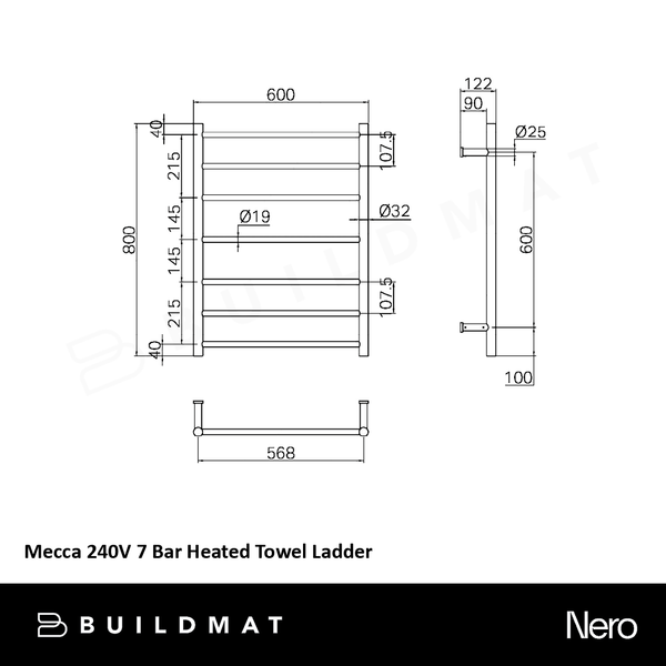 Nero Mecca 240V 7 Bar Heated Towel Ladder Brushed Nickel