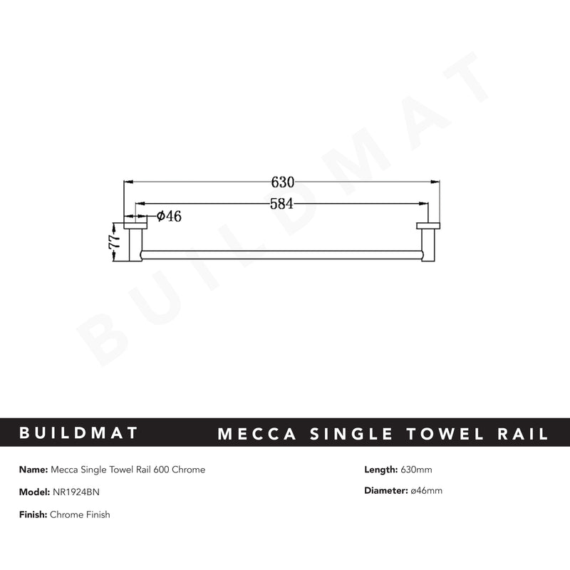 Mecca Single Towel Rail 600mm Chrome