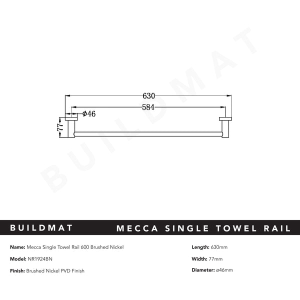 Nero Mecca Single Towel Rail 600mm Brushed Nickel