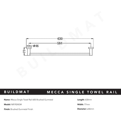 Mecca Single Towel Rail 600mm Brushed Gunmetal