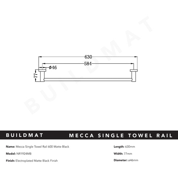 Nero Mecca Single Towel Rail 600mm Matte Black