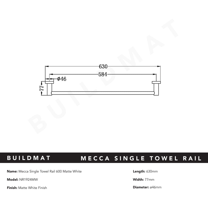 Mecca Single Towel Rail 600mm Matte White