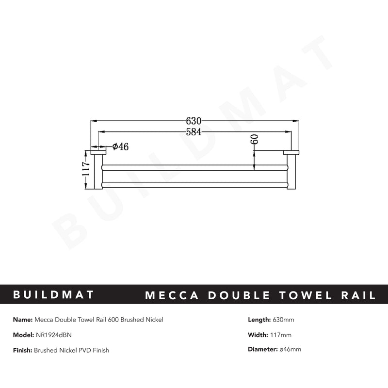 Mecca Double Towel Rail 600mm Brushed Nickel