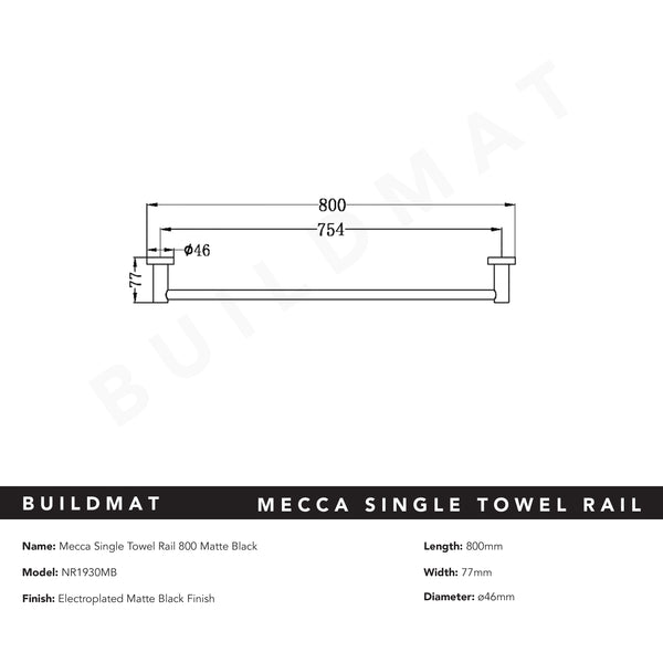 Nero Mecca Single Towel Rail 800mm Matte Black
