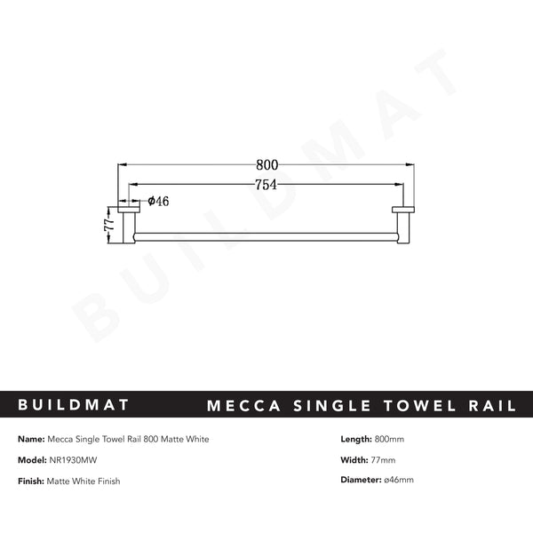 Nero Mecca Single Towel Rail 800mm Matte White