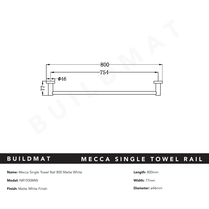 Mecca Single Towel Rail 800mm Matte White