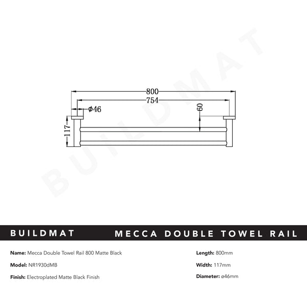 Nero Mecca Double Towel Rail 800mm Matte Black