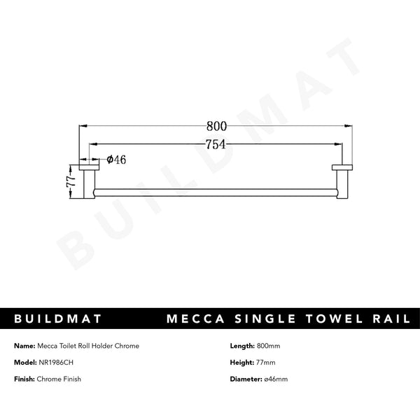Nero Mecca Single Towel Rail 800mm Chrome