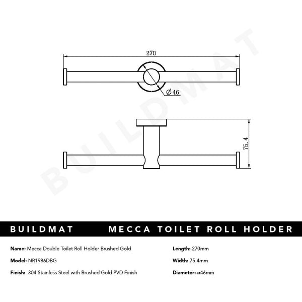 Nero Mecca Double Toilet Roll Holder Brushed Gold