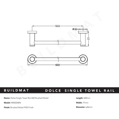 Dolce Single Towel Rail 600mm Brushed Nickel