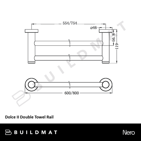 Nero Dolce II Double Towel Rail 600mm Brushed Nickel