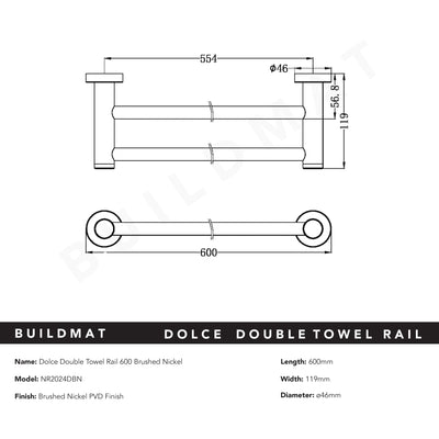 Dolce Double Towel Rail 600mm Brushed Nickel