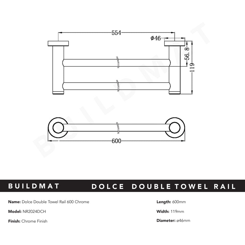 Dolce Double Towel Rail 600mm Chrome
