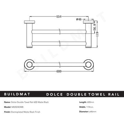 Dolce Double Towel Rail 600mm Matte Black