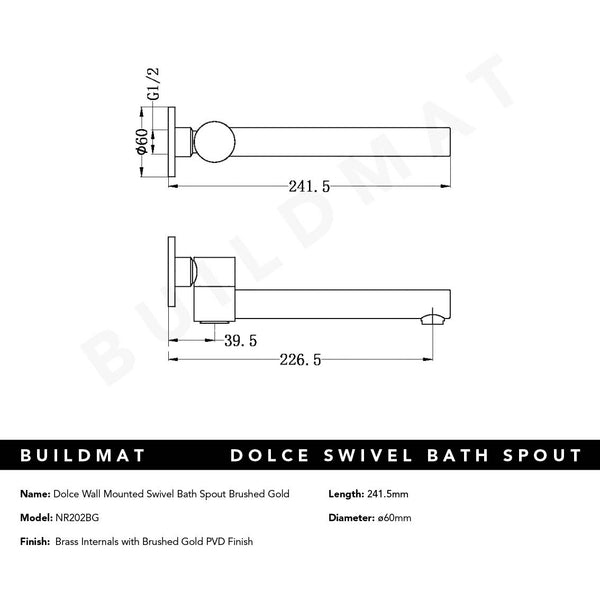 Nero Dolce Wall Mounted Swivel Bath Spout Brushed Gold