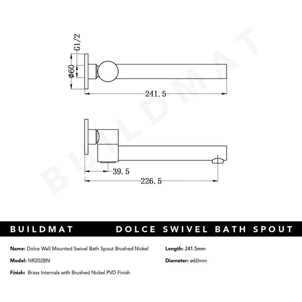 Nero Dolce Wall Mounted Swivel Bath Spout Brushed Nickel