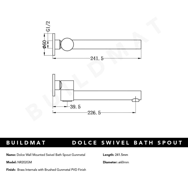 Dolce Wall Mounted Swivel Bath Spout Gunmetal