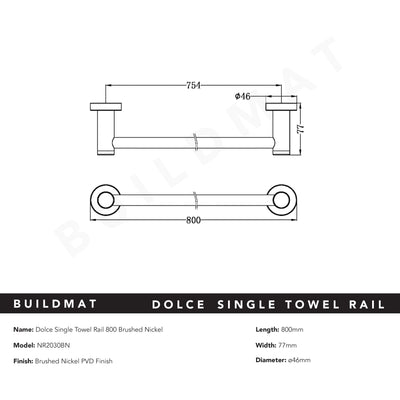 Dolce Single Towel Rail 800mm Brushed Nickel