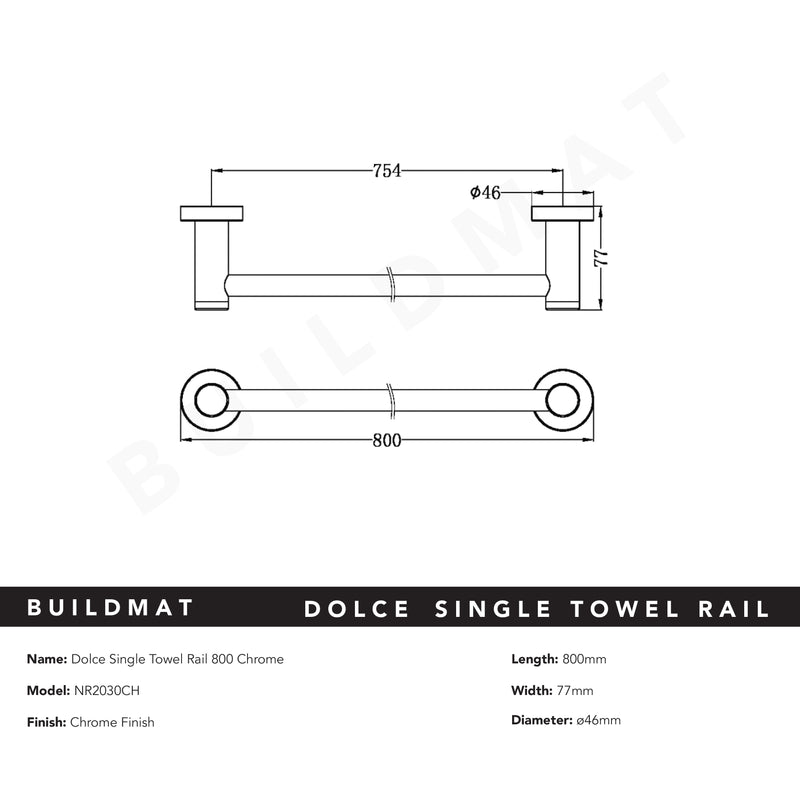 Dolce Single Towel Rail 800mm Chrome
