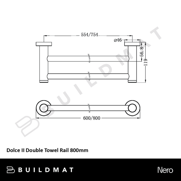 Nero Dolce II Double Towel Rail 800mm Brushed Gold