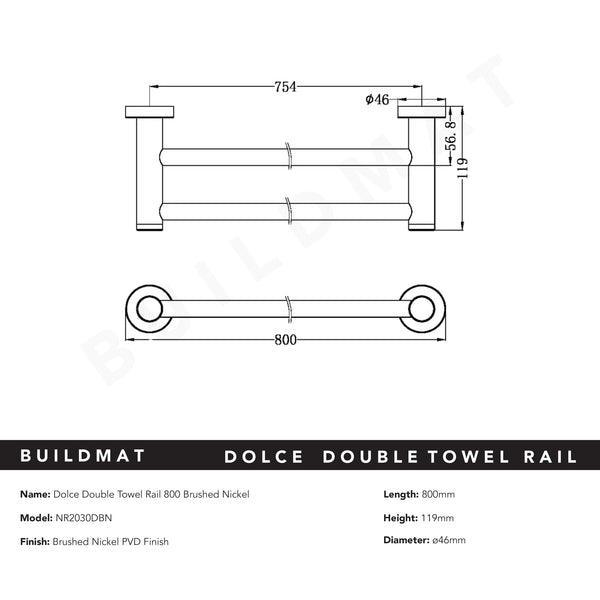 Nero Dolce Double Towel Rail 800mm Brushed Nickel