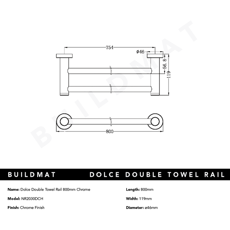 Dolce Double Towel Rail 800mm Chrome