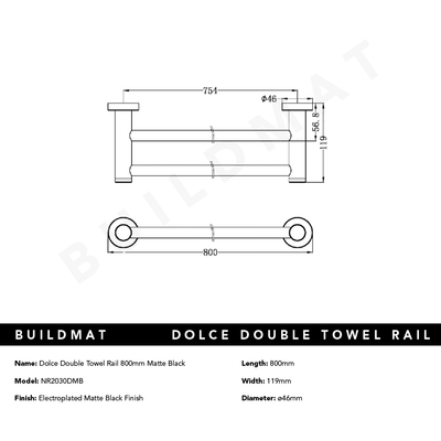 Dolce Double Towel Rail 800mm Matte Black