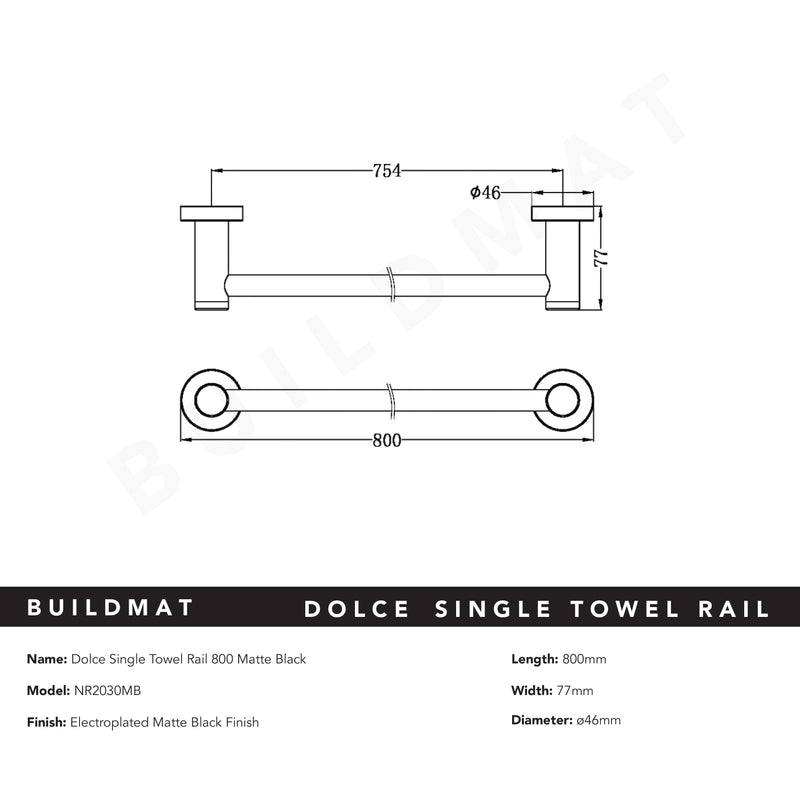 Dolce Single Towel Rail 800mm Matte Black
