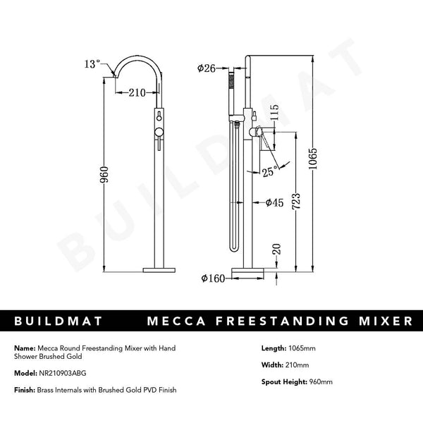 Nero Mecca Round Freestanding Mixer with Hand Shower Brushed Gold