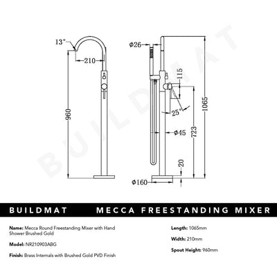 Mecca Round Freestanding Mixer with Hand Shower Brushed Gold