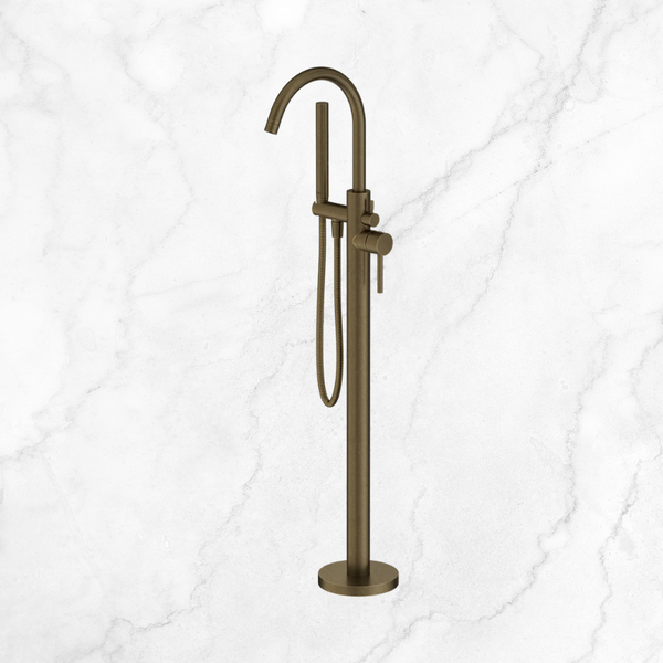 Nero Mecca Round Freestanding Mixer With Hand Shower II Tumbled Antique Brass