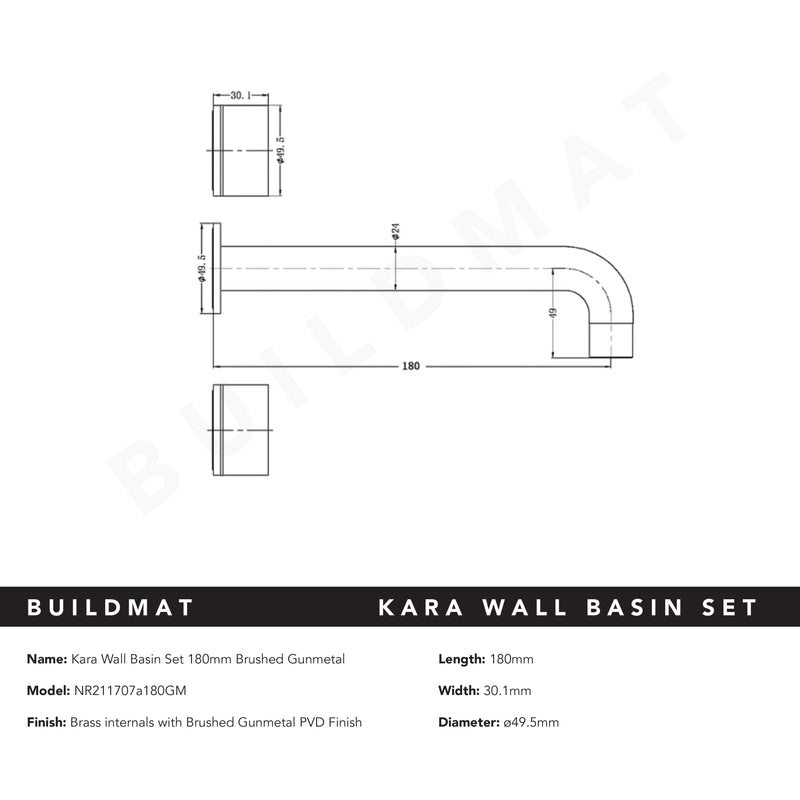 Kara Wall Basin Set 180mm Brushed Gunmetal